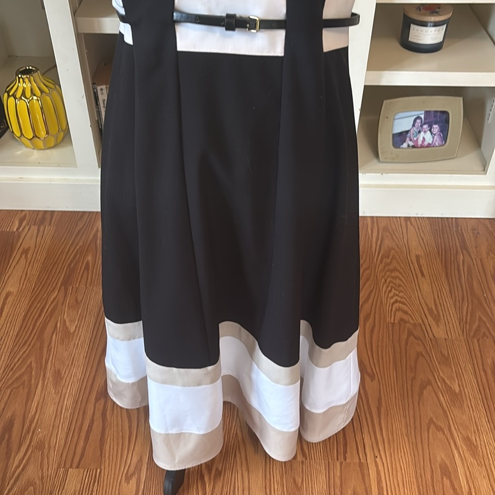 NWT Calvin Klein Black White Tan Stripe
Fit & Flare Sleeveless Dress Size 10 - Picture 3 of 12
